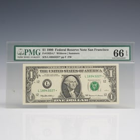 1999 $1 San Francisco Federal Reserve Banknote PMG Graded Gem Unc 66 EPQ