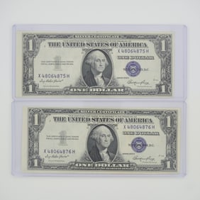 2pc 1935 United States $1 Silver Certificate Blue Seal No Motto Banknotes