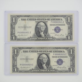 2pc 1935 United States $1 Silver Certificate Blue Seal No Motto Banknotes