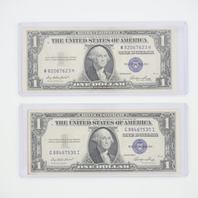 2pc 1935 United States $1 Silver Certificate Blue Seal No Motto Banknotes