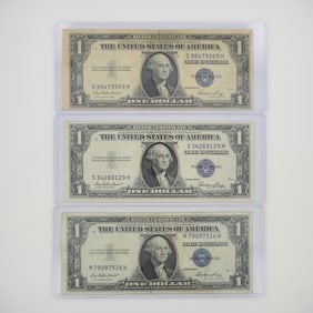 3pc 1935 United States $1 Silver Certificate Blue Seal No Motto Banknotes