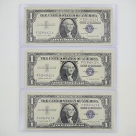 3pc 1957 United States $1 Silver Certificate Blue Seal Motto Banknotes