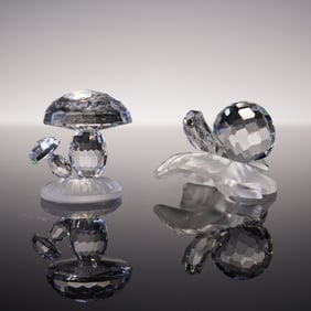 2pc Swarovski Crystal Figurines, Snail and Mushrooms