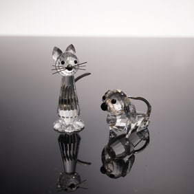 2pc Swarovski Silver Crystal Figurines, Dachshund and Cat Replica