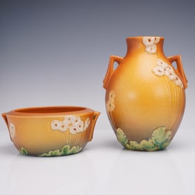 2pc Roseville Primrose Brown Vase and Bowl