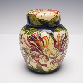 2pc Moorcroft Pottery Woodbine Honeysuckle Ginger Jar, Trial, Kerry Goodwin