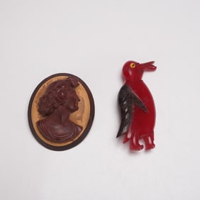 2pc Vintage Costume Jewelry Brooches, Cameo Portrait and Penguin