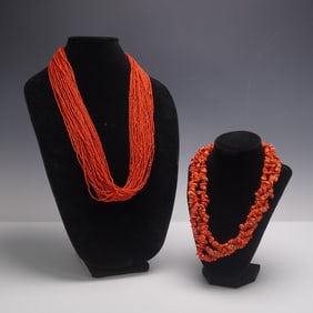 2pc Red Turquoise and Beaded Multi Stranded Necklaces