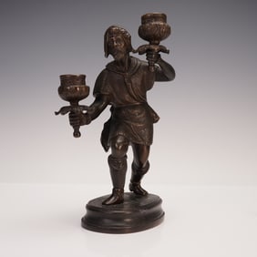 Bronze Medieval Man Figural Double Candlestick