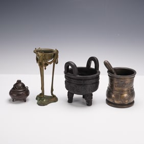 4pc Cast Metal Incense Burners, Ding Vessel, and Mortar with Pestle