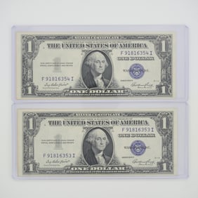2pc 1935 United States $1 Silver Certificate Blue Seal No Motto Banknotes