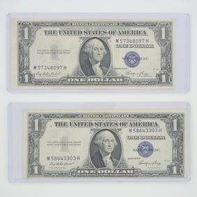 2pc 1935 United States $1 Silver Certificate Blue Seal No Motto Banknotes