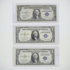 3pc 1935 United States $1 Silver Certificate Blue Seal No Motto Banknotes