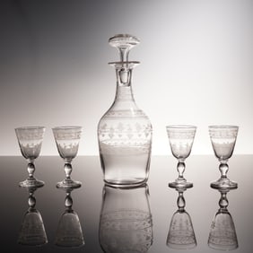 5pc Etched Crystal Decanter with Stopper and Cordial Glass Set
