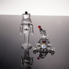 2pc Swarovski Crystal Figurines, Nutcracker Soldier and Puppet