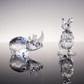 2pc Swarovski Crystal Figurines, Rhino and Kangaroo
