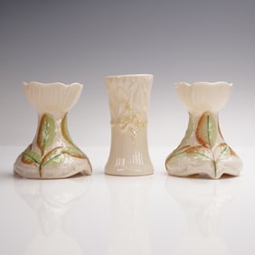 3pc Belleek Elm Leaf and Ribbon Spill Vases