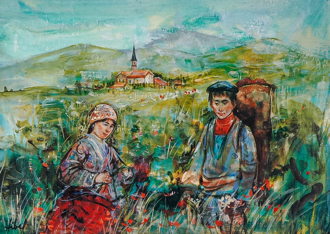 Edna Hibel Limited Edition Print on Paper, Grape Pickers of Alsace: This vibrant print, titled Grape Pickers of Alsace, is by American artist Edna Hibel, renowned for her expressive and emotive depictions of children, families, and pastoral life. The composition captu