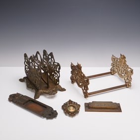 5pc Vintage Ornate Brass and Bronze Desk Accessories
