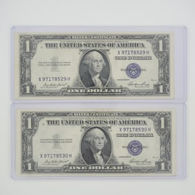 2pc 1935 United States $1 Silver Certificate Blue Seal No Motto Banknotes