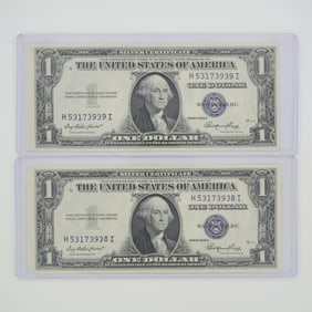2pc 1935 United States $1 Silver Certificate Blue Seal No Motto Banknotes
