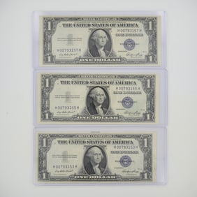 3pc 1935 United States $1 Silver Certificate Blue Seal No Motto Banknotes