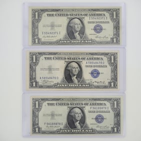 3pc 1935 United States $1 Silver Certificate Blue Seal No Motto Banknotes