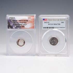 2pc 2022-P PCGS MS67FB & 2022-S ANACS PR70 DCAM 10c Roosevelt Dimes