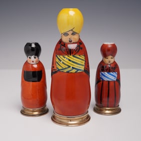 3pc Porcelain Folk Costume Figural Condiment Shaker Set