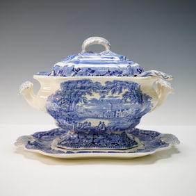3pc Mason's Covered Bedford Tureen with Underplate and Ladle, Vista Blue