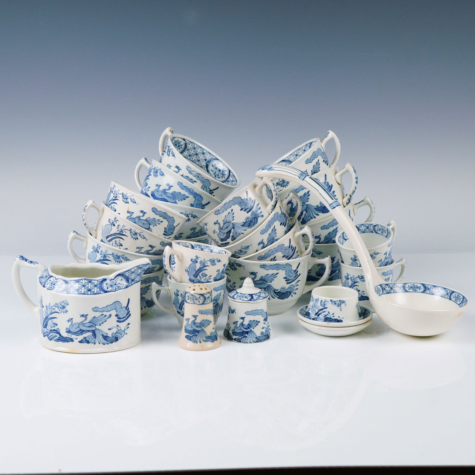 16pc Furnivals Vintage Old Chelsea Blue Dinnerware Set: Made in England and marked with registration number 64781. The set includes four dinner plates decorated with floral and geometric borders, three teacups with matching saucers featuring birds among fo