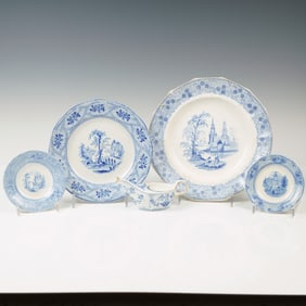 Blue and White English Teapot and Plates