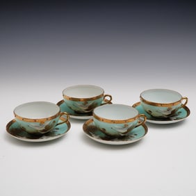 8pc Japanese Porcelain Jeweled Cups and Saucers with Flying Geese