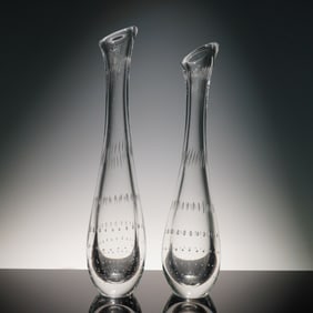 2pc Kosta Glass Vases, Etched Design & Bubbled Pattern, LH 1331