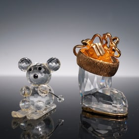 2pc Swarovski Crystal Christmas Boot Figurine, and Skiing Bear