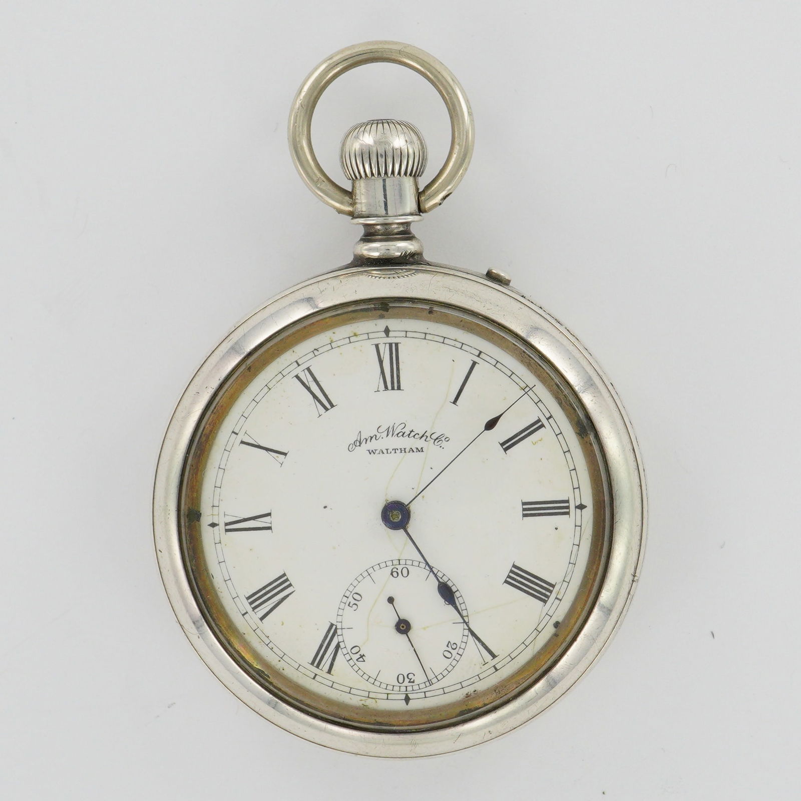 American Waltham Watch Co. Bond St. 16S Pocket Watch: American Waltham Watch Company Bond St. 16-size pocket watch with white enamel dial marked American Waltham Watch Company, Waltham, featuring black Roman numerals and recessed seconds subdial. Gilt fu