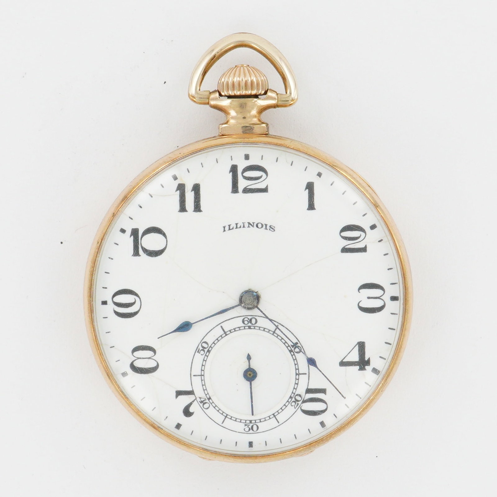 Illinois Watch Co. The Autocrat 12S Gold Filled HC Pocket Watch, Wadsworth: This vintage Illinois Watch Co. The Autocrat pocket watch features a clean white dial with bold black Arabic numerals, blued spade hands, and a recessed seconds subdial at 6 o'clock. The 12-size (36.5