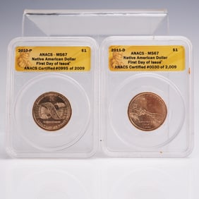 2pc 2010-P & 2011-D Native American Dollar Coins ANACS Graded MS 67