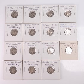 15pc Silver Mercury Dimes 1942-1944 Lot