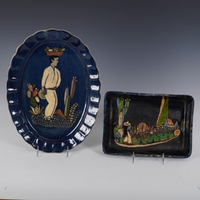 2pc Mexican Hand Painted Pottery Trays