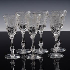 6pc Cambridge Rose Point Etched Crystal Cordial Glasses