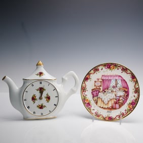 2pc Royal Albert Porcelain Teapot Clock & Celebration Plate, Country Roses