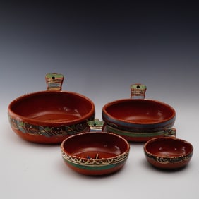 Set of 4 Mexican Redware Pottery Hand Painted Bowls