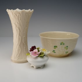 3pc Belleek Bowl, Lenox Woodland Vase, Coalport Bone China Flower Figurine