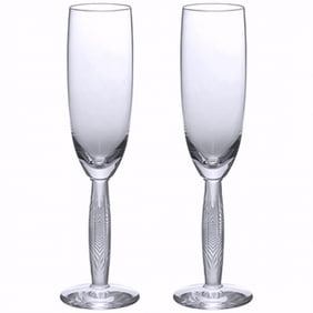 Pair of Lalique Crystal Champagne Flutes, Diamond Diamant, Sealed Box