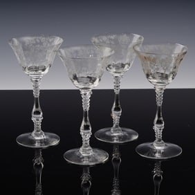 Set of 4 Cambridge Rose Point Etched Crystal Glasses