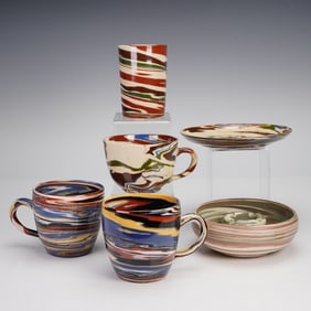6pc Desert Sands Pottery Swirlware Set- Cups, Saucer, Glass & Ashtray