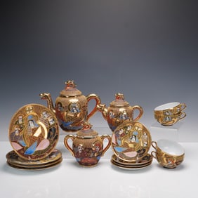 15pc Hand Painted Egg Porcelain Shimazu Crest Satsuma Tea Set