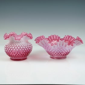 2pc Fenton Hobnail Cranberry Opalescent Art Glass Pieces