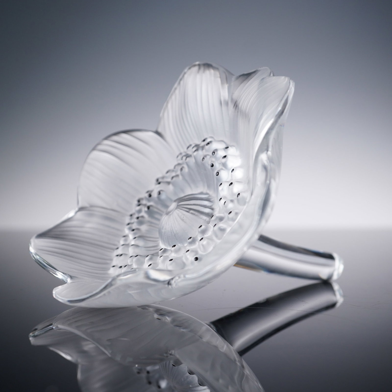Lalique Crystal Floral Figurine, Anemone: Lalique crystal floral figurine Anemone featuring frosted and clear crystal petals with delicate veining and a finely detailed center, set on a clear crystal stem. Signed Lalique France along the stem